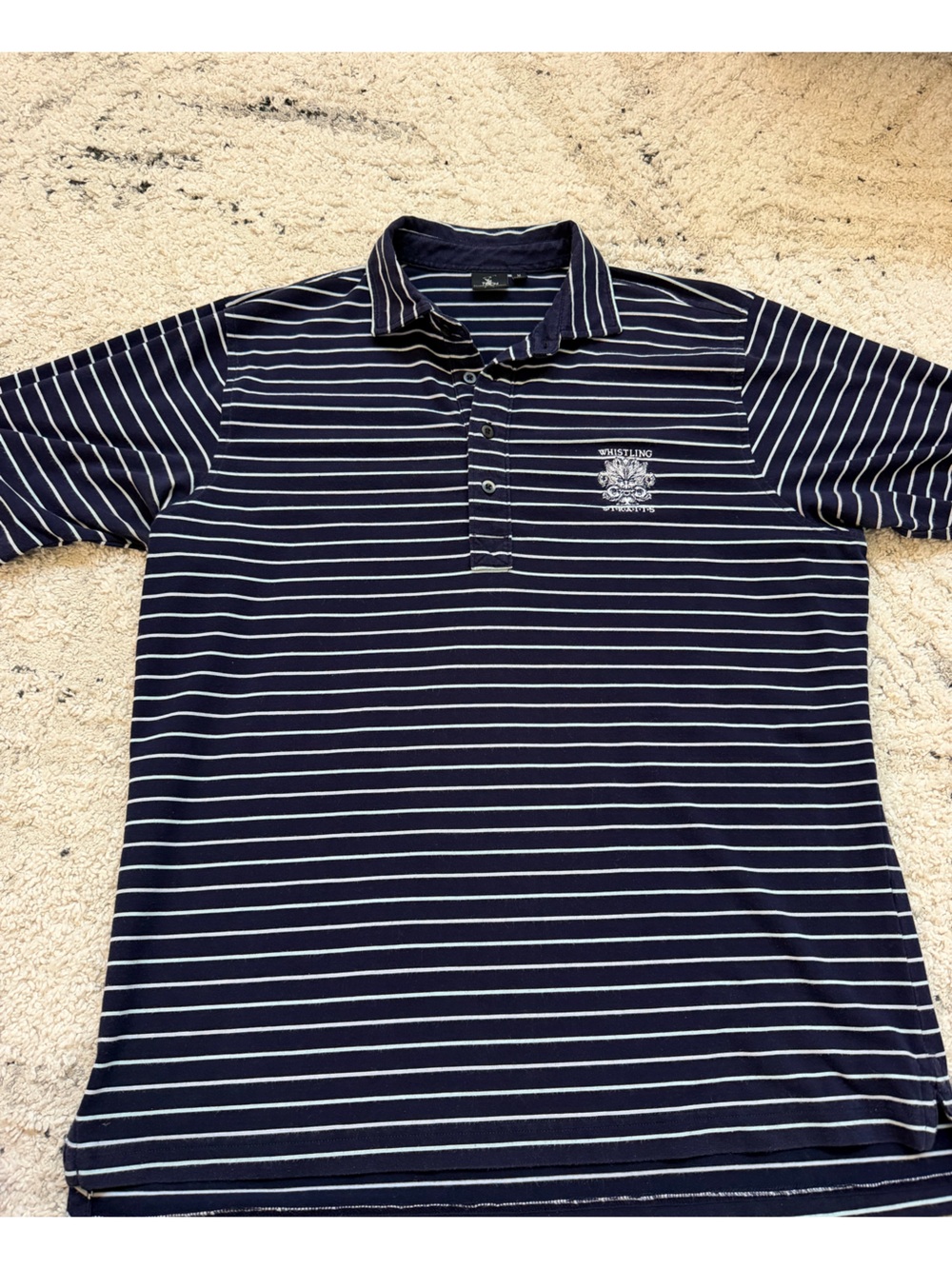 Fairway & Greene Tech Navy and White Striped Polo (Whistling Straits logo)